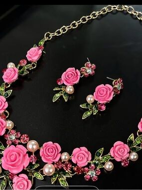 Floral Pink Rose Statement Necklace & Earring Set - Elegant Women’s Jewelry